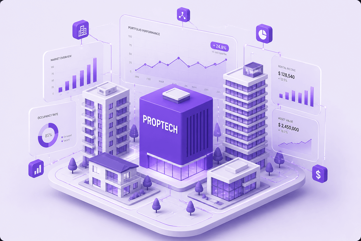 NOBZO proptech platform illustration with buildings and property data